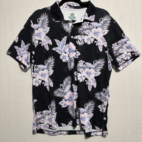 Chubbies Hawaiian Golf Polo Shirt Mens Small Black Pink Flamingos Short Floral - Picture 1 of 10